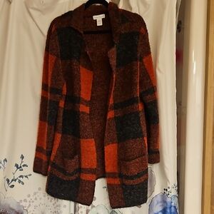 Red and Black Plaid Open Cardigan